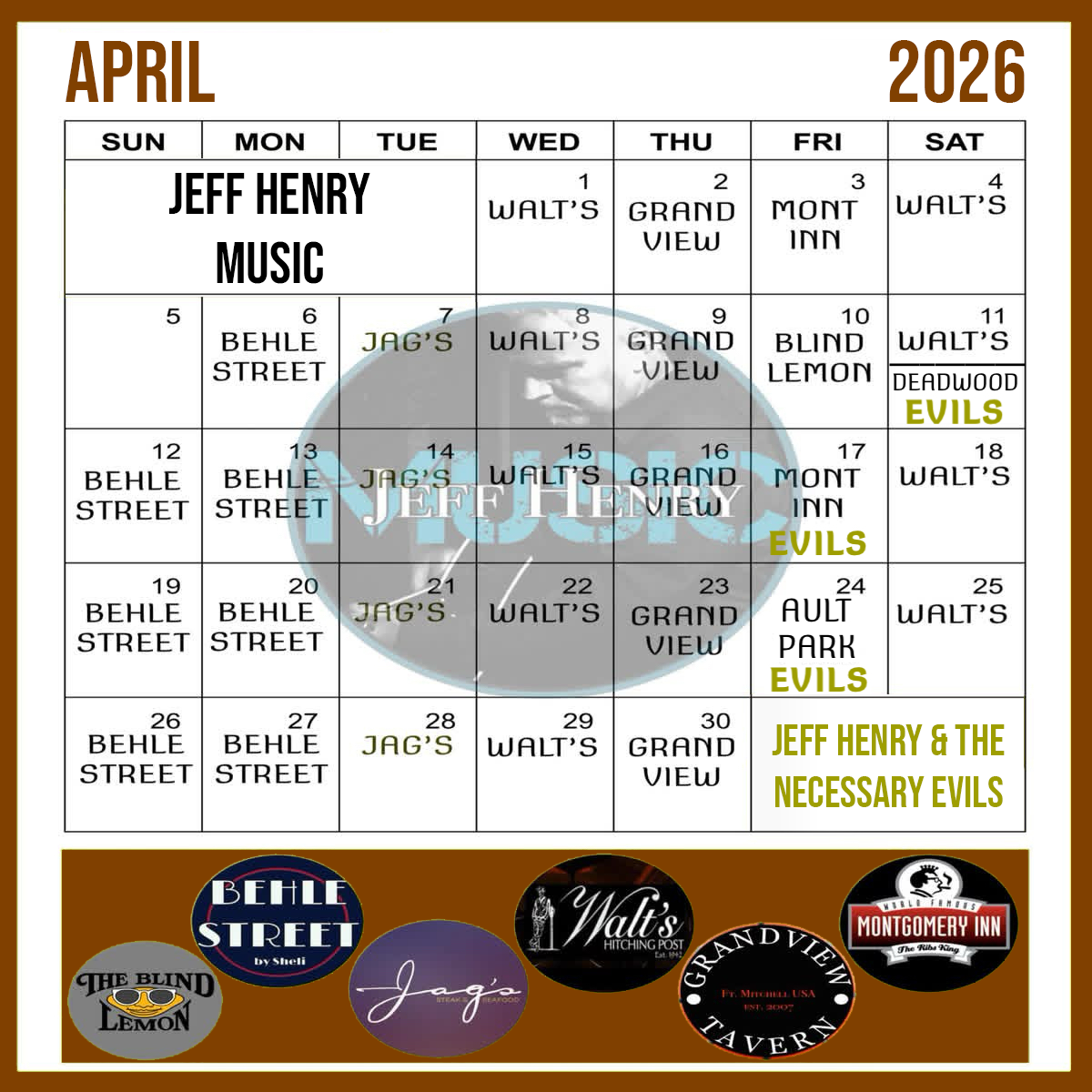 April 2026 performance calendar for Jeff Henry Music with venue dates