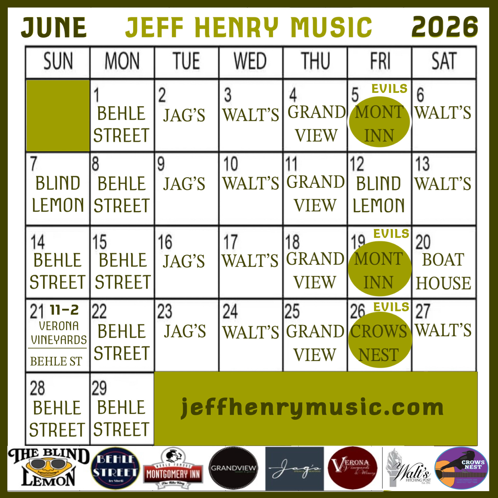 June 2026 performance calendar for Jeff Henry Music with venue dates